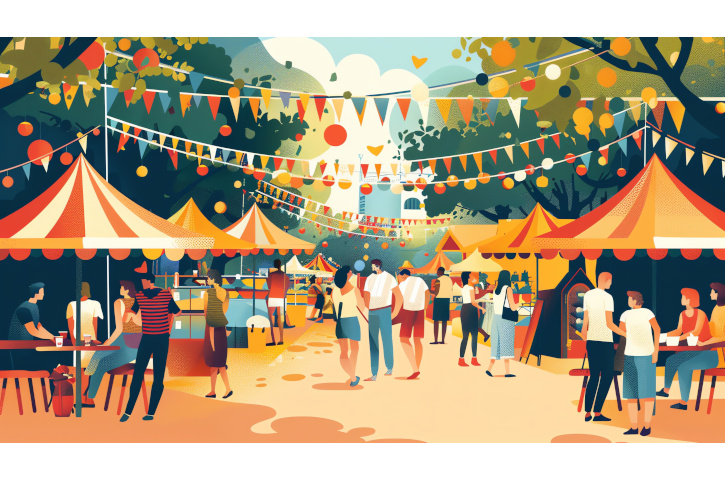 An illustration of a busy outdoor market with people, tents, and trees.