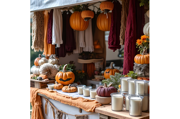 A cozy autumn craft fair booth showcasing handmade knit scarves, candles, and pumpkin-themed decor