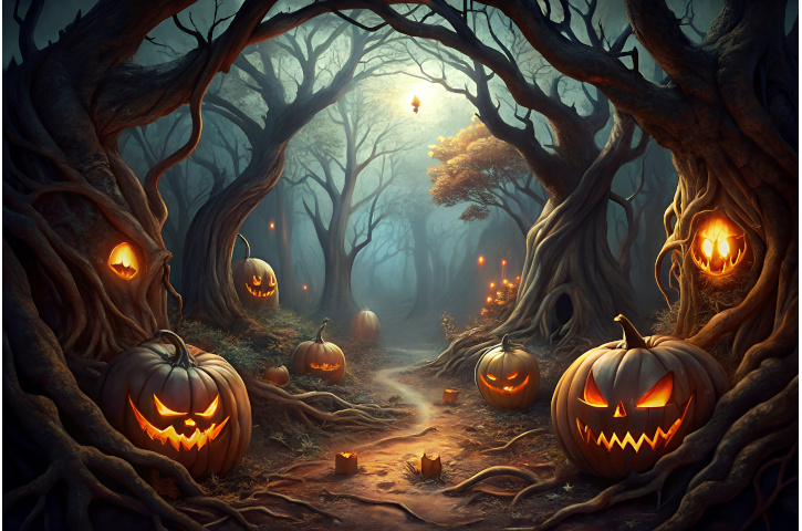 Spooky halloween forest path lined with glowing jack o lanterns and gnarled ancient trees